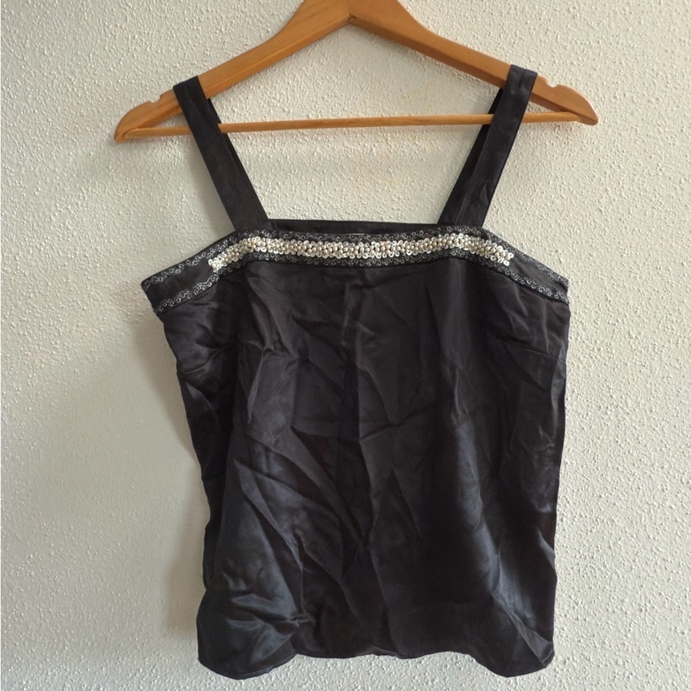 Vintage Harold’s Cropped Silk Tank Women's 2 Sequin Floral Black Blouse
